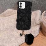 For iPhone 16 W-texture Plush PU Hybrid PC Phone Case with Doll Keychain(Black)