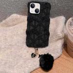 For iPhone 15 Plus W-texture Plush PU Hybrid PC Phone Case with Doll Keychain(Black)