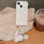 For iPhone 15 Plus W-texture Plush PU Hybrid PC Phone Case with Doll Keychain(White)