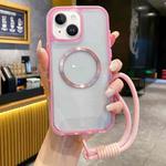 For iPhone 15 Airbag 3 in 1 CD Texture MagSafe Phone Case with Strap(Pink)