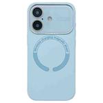 For iPhone 16 Plus Large Window Acrylic Glass Lens MagSafe Silicone Phone Case(Far Peak Blue)