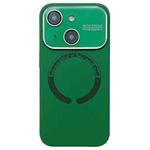 For iPhone 15 Plus Large Window Acrylic Glass Lens MagSafe Silicone Phone Case(Dark Green)