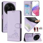 For Sharp Aquos R9 Pro Cat Rat Embossed Pattern RFID Leather Phone Case with Lanyard(Purple)