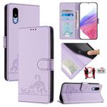 For Sharp Basio Active 3 Cat Rat Embossed Pattern RFID Leather Phone Case with Lanyard(Purple)