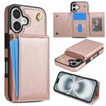 For iPhone 16 Three Fold Card Bag Phone Case with Long Lanyard(Rose Gold)