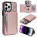 For iPhone 15 Pro Three Fold Card Bag Phone Case with Long Lanyard(Rose Gold)