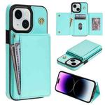 For iPhone 15 Plus Three Fold Card Bag Phone Case with Long Lanyard(Mint)