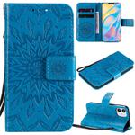 For iPhone 12 mini Pressed Printing Sunflower Pattern Horizontal Flip PU Leather Case Holder & Card Slots & Wallet & Lanyard(Blue)