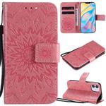 For iPhone 12 mini Pressed Printing Sunflower Pattern Horizontal Flip PU Leather Case Holder & Card Slots & Wallet & Lanyard(Pink)