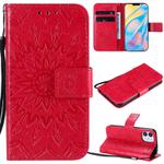 For iPhone 12 mini Pressed Printing Sunflower Pattern Horizontal Flip PU Leather Case Holder & Card Slots & Wallet & Lanyard(Red)