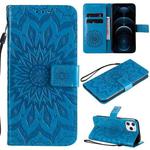For iPhone 12 Pro Max Pressed Printing Sunflower Pattern Horizontal Flip PU Leather Case Holder & Card Slots & Wallet & Lanyard(Blue)