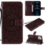 For iPhone 12 Pro Max Pressed Printing Sunflower Pattern Horizontal Flip PU Leather Case Holder & Card Slots & Wallet & Lanyard(Brown)