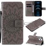 For iPhone 12 Pro Max Pressed Printing Sunflower Pattern Horizontal Flip PU Leather Case Holder & Card Slots & Wallet & Lanyard(Grey)