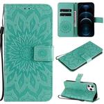 For iPhone 12 Pro Max Pressed Printing Sunflower Pattern Horizontal Flip PU Leather Case Holder & Card Slots & Wallet & Lanyard(Green)