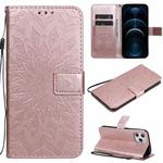 For iPhone 12 Pro Max Pressed Printing Sunflower Pattern Horizontal Flip PU Leather Case Holder & Card Slots & Wallet & Lanyard(Rose Gold)