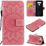 For LG K51 Pressed Printing Sunflower Pattern Horizontal Flip PU Leather Case Holder & Card Slots & Wallet & Lanyard(Pink)