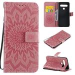 For LG K61 Pressed Printing Sunflower Pattern Horizontal Flip PU Leather Case Holder & Card Slots & Wallet & Lanyard(Pink)