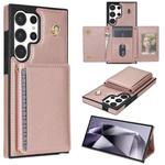 For Samsung Galaxy S24 Ultra 5G Three Fold Card Bag Phone Case with Long Lanyard(Rose Gold)