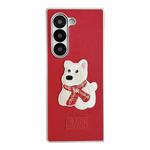 For Samsung Galaxy Z Fold6 5G Skin Fee Litchi Pattern Scarf Embroidered Dog Phone Case(Red)