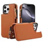 For iPhone 16 Pro Double Flap Zipper RFID Leather Phone Case with Short Lanyard(Brown)