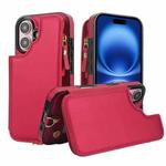 For iPhone 16 Plus Double Flap Zipper RFID Leather Phone Case with Short Lanyard(Red)