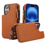 For iPhone 16 Plus Double Flap Zipper RFID Leather Phone Case with Short Lanyard(Brown)