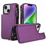 For iPhone 14 Plus Double Flap Zipper RFID Leather Phone Case with Short Lanyard(Dark Purple)