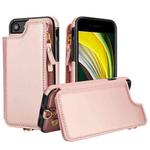 For iPhone SE 2022 / 2020 / 8 Double Flap Zipper RFID Leather Phone Case with Short Lanyard(Rose Gold)