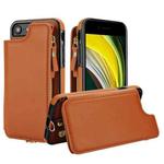 For iPhone SE 2022 / 2020 / 8 Double Flap Zipper RFID Leather Phone Case with Short Lanyard(Brown)