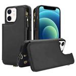 For iPhone 12 mini Double Flap Zipper RFID Leather Phone Case with Short Lanyard(Black)