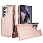 For Samsung Galaxy S24 Ultra 5G Double Flap Zipper RFID Leather Phone Case with Short Lanyard(Rose Gold)