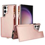 For Samsung Galaxy S23 Ultra 5G Double Flap Zipper RFID Leather Phone Case with Short Lanyard(Rose Gold)