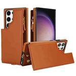 For Samsung Galaxy S23 Ultra 5G Double Flap Zipper RFID Leather Phone Case with Short Lanyard(Brown)
