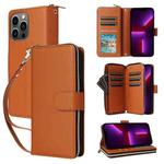 For iPhone 13 Pro Nine-card Slots Zipper Wallet Bag Leather Phone Case(Brown)