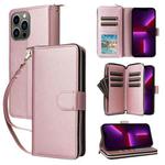 For iPhone 13 Pro Nine-card Slots Zipper Wallet Bag Leather Phone Case(Rose Gold)