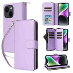 For iPhone 14 / 13 Nine-card Slots Zipper Wallet Bag Leather Phone Case(Light Purple)