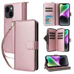 For iPhone 14 / 13 Nine-card Slots Zipper Wallet Bag Leather Phone Case(Rose Gold)