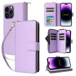 For iPhone 14 Pro Max Nine-card Slots Zipper Wallet Bag Leather Phone Case(Light Purple)