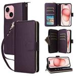 For iPhone 15 Nine-card Slots Zipper Wallet Bag Leather Phone Case(Dark Purple)