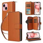 For iPhone 15 Nine-card Slots Zipper Wallet Bag Leather Phone Case(Brown)