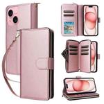 For iPhone 15 Nine-card Slots Zipper Wallet Bag Leather Phone Case(Rose Gold)