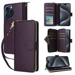 For iPhone 15 Pro Nine-card Slots Zipper Wallet Bag Leather Phone Case(Dark Purple)