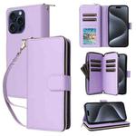 For iPhone 15 Pro Max Nine-card Slots Zipper Wallet Bag Leather Phone Case(Light Purple)