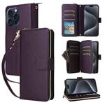 For iPhone 15 Pro Max Nine-card Slots Zipper Wallet Bag Leather Phone Case(Dark Purple)