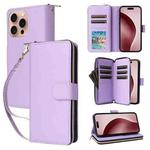 For iPhone 16 Pro Nine-card Slots Zipper Wallet Bag Leather Phone Case(Light Purple)