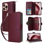 For iPhone 16 Pro Nine-card Slots Zipper Wallet Bag Leather Phone Case(Wine Red)