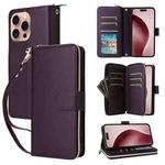 For iPhone 16 Pro Max Nine-card Slots Zipper Wallet Bag Leather Phone Case(Dark Purple)