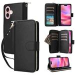 For iPhone 16 Nine-card Slots Zipper Wallet Bag Leather Phone Case(Black)