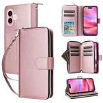 For iPhone 16 Nine-card Slots Zipper Wallet Bag Leather Phone Case(Rose Gold)