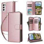 For Samsung Galaxy S22 5G Nine-card Slots Zipper Wallet Bag Leather Phone Case(Rose Gold)